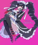  1girl ass black_hair black_jacket black_nails black_skirt black_thighhighs card celestia_ludenberg center_frills crossed_legs danganronpa:_trigger_happy_havoc danganronpa_(series) dated drill_hair earrings frilled_skirt frills gothic_lolita hand_up happy_birthday headdress high_heels highres holding holding_card jacket jewelry kusatakesi layered_skirt lolita_fashion long_hair nail_polish open_clothes open_jacket pink_background playing_card red_eyes red_footwear shoes simple_background skirt smile solo thighhighs twin_drills twintails 