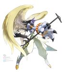  anthro anubismon bandai_namco black_hair canid canine canis claws digimon digimon_(species) fur green_eyes hair hi_res jackal long_hair male mammal purple_body purple_fur shirtless slim small_waist solo staff wings youzaiyouzai112 