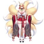  1girl absurdres animal_ear_fluff animal_ears asymmetrical_legwear bell black_footwear blonde_hair breasts chinese_commentary closed_mouth commentary_request curvy fox fox_girl full_body hair_bell hair_ornament highres huge_breasts japanese_clothes jewelry kitsune kyuubi looking_at_viewer magatama magatama_necklace miko miniskirt multicolored_hair multiple_tails necklace original qing_huang_yue_de_hua_hua_hui_bu red_eyes red_hair red_skirt ribbon-trimmed_legwear ribbon-trimmed_skirt ribbon-trimmed_sleeves ribbon_trim short_hair sideboob simple_background skirt socks solo standing streaked_hair tail thighhighs white_background white_socks white_thighhighs wide_sleeves 