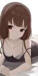  1girl black_camisole blunt_bangs blush bra breasts brown_eyes brown_hair camisole cleavage closed_mouth collarbone commentary grey_bra highres hiroki_(yyqw7151) iino_miko kaguya-sama_wa_kokurasetai_~tensai-tachi_no_renai_zunousen~ long_hair looking_at_viewer low_twintails lying medium_breasts on_stomach panties solo twintails underwear white_panties 