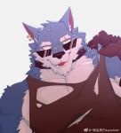  1boy bara bdjb_kanshiro blue_fur dislyte earrings eyebrow_cut fangs forked_eyebrows freddy_(fenrir)_(dislyte) furry furry_male highres holding jacket jacket_over_shoulder jewelry large_pectorals looking_at_viewer looking_over_eyewear male_focus mature_male multiple_earrings muscular muscular_male open_mouth pectoral_cleavage pectorals shirt short_hair solo sunglasses torn_clothes torn_shirt unworn_jacket upper_body wolf_boy 