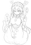  1girl =3 apron blush breasts closed_mouth cool-kyou_shinja dragon_girl dragon_horns dragon_tail elbow_gloves full_body gloves highres horns kneeling kobayashi-san_chi_no_maidragon large_breasts long_hair looking_at_viewer maid maid_headdress mimikaki monochrome necktie official_art one_eye_closed patting_lap simple_background sitting slit_pupils smile solo sound_effects speech_bubble tail tohru_(maidragon) translation_request twintails very_long_hair white_background 