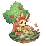  1girl animal_crossing apple apple_tree artist_name black_eyes blush blush_stickers bug bunnie_(animal_crossing) butterfly character_name closed_mouth commentary dress english_commentary faux_figurine flower flower_(symbol) food fruit furry furry_female grass green_dress highres holding holding_watering_can pink_flower plaid plaid_dress plant rabbit_girl red_flower rock sign simple_background sleeveless sleeveless_dress smile solo standing stepping_stones summer syertse tree tulip watering watering_can white_background 