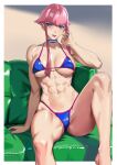  1girl abs barefoot bikini blue_bikini blue_eyes blush breasts choker cleavage foot_out_of_frame highres hime_cut knee_up large_breasts legs looking_at_viewer manon_legrand micro_bikini muscular muscular_female pink_hair short_hair_with_long_locks sidelocks sitting solo street_fighter street_fighter_6 swimsuit toned yagi_(joe731842) 