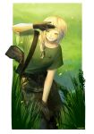  1girl artist_name assault_rifle black_gloves blonde_hair braid braided_ponytail breasts bullpup camouflage camouflage_pants closed_eyes commentary english_commentary gloves grass green_shirt gun hair_over_shoulder highres hunched_over leaf original pants rifle shirt signature small_breasts solo tall_grass usergore weapon 