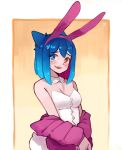  1girl animal_ears bare_shoulders blue_eyes blue_hair breasts cleavage commentary dress english_commentary engrish_commentary fake_animal_ears fangs hairband heterochromia highres jacket kart_prowler looking_at_viewer medium_breasts multicolored_hair original pink_hairband pink_jacket purple_hair rabbit_ears rabbit_tail red_eyes smile solo strapless strapless_dress tail two-tone_hair white_dress 