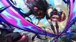  1girl :d animal_ears black_dress black_footwear blue_eyes brown_hair cat_ears day detached_sleeves dress fake_animal_ears gwen_(league_of_legends) heterochromia highres holding holding_scissors holding_weapon league_of_legends multicolored_hair official_art outdoors oversized_object red_eyes red_footwear scissors shiny_skin shoes smile solo soul_fighter_gwen spiked_anklet spikes stadium teeth two-tone_hair upper_teeth_only weapon white_hair 