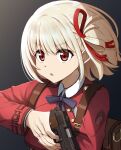  1girl :o absurdres backpack bag blonde_hair blue_ribbon closed_mouth collared_shirt commentary dress finger_on_trigger gun hair_ribbon handgun highres holding holding_gun holding_weapon long_sleeves looking_ahead lycoris_recoil lycoris_uniform m1911 nishikigi_chisato parted_lips red_dress red_eyes red_ribbon ribbon s&amp;w_m&amp;p shade shirt solo torigon upper_body weapon white_shirt 