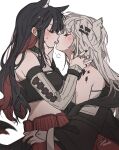  2girls animal_ear_fluff animal_ears arknights bare_shoulders bite_mark black_hair black_jacket black_nails blush breasts closed_eyes french_kiss grey_hair hair_between_eyes hair_ornament highres jacket jewelry kiss lappland_(arknights) long_hair long_sleeves medium_breasts multicolored_hair multicolored_tail multiple_girls nail_polish off_shoulder official_alternate_costume open_mouth oripathy_lesion_(arknights) red_hair scar scar_across_eye scar_on_face seri_(vyrlw) simple_background sweat sweatdrop tail texas_(arknights) tongue tongue_out upper_body white_background wolf_ears wolf_girl wolf_tail yuri 