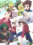  1boy :d brown_eyes brown_hair collared_shirt commentary_request curry dynamax_band eating evolutionary_line falling_leaves food gloves grookey gym_challenge_uniform haru_(haruxxe) highres holding holding_poke_ball leaf male_focus multiple_views musical_note open_mouth pants partially_fingerless_gloves plaid poke_ball poke_ball_(basic) pokemon pokemon_(creature) pokemon_(game) pokemon_swsh red_shirt rillaboom shirt shoes short_hair single_glove smile thwackey tongue victor_(pokemon) 