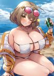  1girl absurdres ahoge anis_(nikke) bikini blue_sky blush breasts brown_hair cloud commentary_request day eyewear_on_head goddess_of_victory:_nikke grin hand_up highres huge_breasts jacket long_sleeves looking_at_viewer one_eye_closed short_hair sitting sky smile solo strapless strapless_bikini sunglasses swimsuit tenneko_yuuri thighs white_bikini yellow_eyes yellow_jacket 
