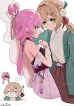  2girls alternate_costume aquilar assertive_female bare_shoulders braid closed_mouth fu_xuan_(honkai:_star_rail) green_eyes highres honkai:_star_rail honkai_(series) imagining kabedon light_brown_hair long_hair looking_at_another multiple_girls pink_hair qingque_(honkai:_star_rail) simple_background sketch twintails upper_body v-shaped_eyebrows white_background yellow_eyes yuri 