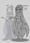  anthro avian bird black_text breasts clothing crown dress female grey_background hair headgear hi_res long_hair looking_at_viewer owl owl_demon queen_octavia_(teathekook) red_eyes simple_background slightly_chubby smile solo standing teathekook text underwear white_face 