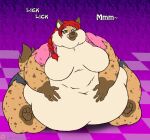  2016 anthro belly big_belly bottomwear breasts clothing deep_navel digital_media_(artwork) english_text featureless_breasts female flat_colors fur hair hands_on_belly huge_thighs hyena licking licking_lips mammal morbidly_obese morbidly_obese_anthro morbidly_obese_female navel obese obese_anthro obese_female orange_eyes overweight overweight_anthro overweight_female ponytail red_hair reggie_(chaotick9) shorts sitting solo spots spotted_body spotted_fur spotted_hyena text thick_thighs tongue tongue_out topwear torn_bottomwear torn_clothing torn_shorts torn_topwear viroveteruscy 
