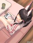  1girl alternate_costume animal_ear_fluff animal_ears azur_lane black_hair blush carpet controller couch fox_ears fox_girl from_above game_controller hair_ornament hairclip highres holding holding_controller holding_game_controller hood hoodie indoors long_hair long_sleeves looking_at_viewer looking_up marimo_daifuku nagato_(azur_lane) on_couch open_mouth red_hoodie sidelocks signature sitting smile solo striped striped_hoodie table white_hoodie wooden_floor 