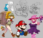  2boys 2girls absurdres ascot awesomeerix backpack bag bandit_(mario) bare_shoulders blonde_hair blue_overalls blush blush_stickers boots bow bowtie breasts brown_shorts cleavage colored_skin curly_hair dress english_text facial_hair fang full_body gloves goombella hair_over_eyes hair_over_one_eye hard_hat hat helmet highres humanization large_breasts long_hair long_sleeves looking_at_viewer mario mario_(series) middle_finger multiple_boys multiple_girls multiple_views mustache open_mouth overalls paper_mario paper_mario:_the_thousand_year_door pink_hair pink_headwear pink_thighhighs ponytail purple_dress purple_skin red_headwear shirt short_shorts shorts sidelocks sketch sleeveless sleeveless_shirt small_breasts smile speech_bubble striped striped_headwear striped_thighhighs thick_eyebrows thighhighs vivian_(paper_mario) white_gloves witch_hat yellow_eyes yellow_lips 