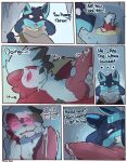  absurd_res animal_genitalia animal_penis anthro big_penis biped blue_body blue_fur bodily_fluids canine_genitalia canine_penis comic cum dialogue duo erection fur generation_4_pokemon generation_7_pokemon genital_fluids genitals hi_res knot lucario lycanroc male midnight_lycanroc nintendo penis pokemon pokemon_(species) red_body red_eyes red_fur spicykiwi taren_(spicykiwi) white_body white_fur 