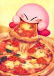  1boy blush cheese_trail closed_eyes eating food food_focus food_on_face highres kirby kirby_(series) leaf male_focus margherita_pizza no_humans pizza simple_background solo star_(symbol) suyasuyabi tomato tomato_slice twitter_username yellow_background 
