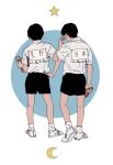  2boys black_hair black_shorts collared_shirt commentary_request crescent_moon from_behind glasses hoshino_yutaka kgeroua male_focus moon multiple_boys paddle ping_pong_(manga) school_uniform shirt short_hair short_sleeves shorts socks star_(symbol) table_tennis_paddle tsukimoto_makoto white_footwear white_shirt white_socks 