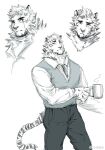  1boy animal_ears arknights bara black_pants casual collared_shirt cropped_shoulders cup expressions facial_hair feet_out_of_frame furry furry_male goatee grey_necktie highres holding holding_cup hujusheng light_smile long_sleeves looking_at_viewer male_focus mature_male mountain_(arknights) mug necktie official_alternate_costume pants shirt short_hair sweater tiger_boy tiger_ears white_fur worried 