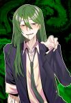  1boy black_jacket brown_eyes collared_shirt enkephalin_(project_moon) feixu_(ruin) green_hair green_necktie hair_between_eyes hand_up highres jacket liquid_from_mouth lobotomy_corporation long_hair long_sleeves looking_at_viewer male_focus necktie netzach_(project_moon) project_moon shirt sidelocks solo very_long_hair white_shirt 