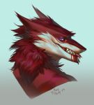  2023 anthro cheek_tuft dated eyelashes facial_tuft forked_tongue fur glistening glistening_eyes grin hi_res looking_at_viewer male marie_merkh neck_tuft purple_eyes red_body red_fur red_tongue sergal sharp_teeth signature simple_background smile solo teeth tongue tongue_out tuft white_body white_fur 