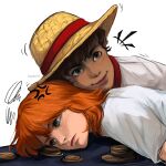  1boy 1girl anger_vein brown_hair closed_mouth freckles frown green_eyes highres leslychoco15 medium_hair monkey_d._luffy nami_(one_piece) one_piece one_piece_(live_action) orange_hair scar scar_on_face shirt short_hair simple_background smile upper_body white_background white_shirt 