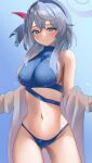  1girl absurdres ako_(blue_archive) alternate_costume bikini blue_archive blue_background blue_eyes breasts closed_mouth feathers grey_hair hair_between_eyes halo hat_feather headband highres katagirinanoka navel red_feathers solo stomach swimsuit wavy_hair 