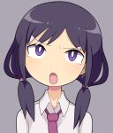  1girl black_hair blush bright_pupils collared_shirt commentary_request grey_background hair_tie hospital_king long_hair looking_at_viewer low_twintails medium_bangs necktie open_mouth purple_eyes purple_necktie shirt simple_background solo tamura_yuri tearing_up twintails upper_body v-shaped_eyebrows watashi_ga_motenai_no_wa_dou_kangaetemo_omaera_ga_warui! white_pupils white_shirt 