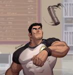  1boy bara barista beard_stubble black_hair cafe coffee_maker covered_abs covered_nipples employee_uniform head_tilt highres huge_eyebrows large_hands large_pectorals lucas_lee male_focus menu_board midair muscular muscular_male pectorals scott_pilgrim_takes_off shirt short_hair short_sleeves smear_frame smile solo speed_lines suck-nis t-shirt tattoo thick_neck tight_clothes tight_shirt uniform upper_body veins veiny_arms veiny_hands 