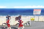  2girls ^_^ animal_ears beach black_socks blue_hair breasts brown_hair closed_eyes cloud colored_inner_hair daitaku_helios_(umamusume) dated day ear_covers high_heels horizon horse_ears horse_girl horse_tail jacket kneehighs long_hair long_sleeves multicolored_hair multiple_girls ocean open_clothes open_jacket open_mouth outdoors railing red_shorts running sand shadow shoes shorts sign small_breasts smile sneakers socks stairs streaked_hair tail tail_through_clothes takuzui tosen_jordan_(umamusume) tracen_training_uniform twintails twitter_username umamusume water 