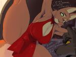  anthro averagemum breasts brown_body brown_fur canid canine canis clothed clothing diane_foxington dreamworks dress english_text female fox fur hi_res mammal mr._wolf_(the_bad_guys) red_clothing red_dress solo tail text the_bad_guys wolf 