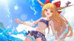  1girl bare_arms bare_legs bare_shoulders bikini blue_bikini blue_ribbon bow cowboy_shot day fang hair_bow highres horn_ornament horn_ribbon horns ibuki_suika navel oeyama oni_horns open_mouth orange_eyes orange_hair outdoors red_bow ribbon skin_fang smile solo swimsuit touhou water 