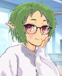  1girl ahoge alternate_costume closed_mouth elf glasses green_hair indoors looking_at_viewer mizumori_keiichi mushoku_tensei pointy_ears red_eyes short_hair smile solo sweater sylphiette_(mushoku_tensei) upper_body white_sweater 