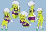  1girl ass breasts cheelai cleavage colored_nipples colored_skin commentary dragon_ball dragon_ball_super dragon_ball_super_broly english_commentary gloves green_nipples green_skin grin highres looking_at_viewer multiple_views nipples nude open_mouth purple_eyes purple_shorts purple_sports_bra short_hair shorts simple_background small_breasts smile smug sports_bra stealth_brock white_gloves white_hair 