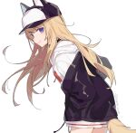  1girl animal_hat baseball_cap black_headwear black_jacket blonde_hair closed_mouth cowboy_shot dog_tail from_side hands_in_pockets hat hood hood_down hoodie jacket kmnz leaning_forward long_hair long_sleeves looking_at_viewer looking_back mc_lita niko_(nikooo2016) purple_eyes simple_background smile solo standing tail twitter_username virtual_youtuber white_background white_hoodie 