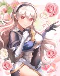  1girl armor black_gloves black_hairband breasts corrin_(female)_(fire_emblem) corrin_(fire_emblem) fire_emblem fire_emblem_fates flower gloves hairband heart highres long_hair looking_at_viewer medium_breasts parted_lips pink_flower pink_rose pointy_ears red_eyes rose smile solo teeth thighs white_flower white_hair white_rose youhei_choregi 