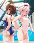  2girls ahoge arthur_ko ass bare_arms bare_shoulders blue_eyes blue_hair blue_one-piece_swimsuit blush braid brown_hair closed_mouth competition_school_swimsuit competition_swimsuit gradient_hair hair_between_eyes hair_flaps hair_ornament hairclip harusame_(kancolle) hat highres kantai_collection long_hair multicolored_hair multiple_girls one-piece_swimsuit open_mouth pink_hair pocari_sweat pool red_eyes rei_no_pool school_swimsuit shigure_(kancolle) shigure_kai_san_(kancolle) side_ponytail single_braid swimsuit thighhighs white_headwear white_one-piece_swimsuit white_thighhighs 