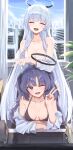  2girls ;d ^_^ absurdres bare_shoulders bikini black_bikini blue_archive breasts breasts_apart building cleavage closed_eyes collarbone facing_viewer fang gnns grey_hair halo highres indoors looking_at_viewer mechanical_halo medium_breasts multiple_girls noa_(blue_archive) one_eye_closed purple_hair shirt smile swimsuit v white_bikini white_shirt yuuka_(blue_archive) 