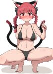  1girl :3 absurdres animal_ear_fluff animal_ears bikini black_bikini black_bow blush bow braid breasts cat_ears cat_tail chups cleavage commentary_request ear_blush extra_ears hair_bow hair_ribbon hand_up highres kaenbyou_rin large_breasts long_hair looking_at_viewer multiple_tails nail_polish navel nekomata nose_blush red_eyes red_hair red_nails ribbon shadow simple_background solo squatting straight-on sweat swimsuit tail toenail_polish toenails touhou tress_ribbon twin_braids two_tails v white_background 
