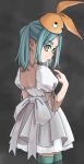  1girl aqua_hair back back_focus black_background blue_hair cowboy_shot dress frilled_dress frills googly_eyes green_eyes hair_ornament highres looking_at_viewer miniskirt misomisosabamiso monogatari_(series) ononoki_yotsugi orange_headwear pantyhose puffy_short_sleeves puffy_sleeves short_sleeves skirt solo striped striped_pantyhose thighhighs twintails wedding_dress white_dress 