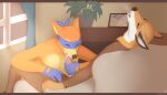  anthro bodily_fluids canid canine crossover cum cum_in_mouth cum_inside dora_the_explorer duo fantastic_mr._fox fox furniture genital_fluids male male/male mammal mr._fox oral sofa swiper_(dora_the_explorer) 