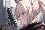  1girl alternate_costume animal_ears black_gloves blue_hair blurry blurry_background breath cold commentary ear_piercing expressionless from_side gloves grey_eyes grey_hair grey_sky gun hair_between_eyes handgun highres holding holding_gun holding_weapon hololive light_blue_hair lion_ears medium_hair multicolored_hair orange_hair outdoors parted_lips piercing pink_hair ponytail portrait profile rain serious shishiro_botan sky streaked_hair trigger_discipline virtual_youtuber weapon zexalmike 