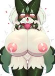  &lt;3 &lt;3_eyes 2023 3_fingers anthro areola big_breasts biped blush bodily_fluids breasts eye_roll female fingers front_view generation_9_pokemon genitals green_body hi_res huge_breasts lactating meowscarada navel nintendo nipples open_mouth pawpads pink_eyes pokemon pokemon_(species) pupils pussy simple_background small_pupils solo suru56nee white_background 