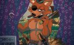  2022 anthro black_nose bottomwear canid canine clothed clothing curtains digital_media_(artwork) english_text eye_patch eyewear five_nights_at_freddy&#039;s flintlock_pistol fox foxy_(fnaf) fur hat headgear headwear hi_res holding_object holding_weapon hook hook_hand male mammal melee_weapon muscular muscular_anthro muscular_male pants partially_clothed pecs pirate red_body red_fur scottgames sheathed_sword sheathed_weapon shirtless solo sword teeth text vetiver_n weapon 
