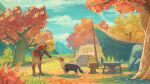  absurdres autumn_leaves campfire cloud dog highres hylian_set_(zelda) light_brown_hair link nature scenery sky sword sword_on_back tent the_legend_of_zelda the_legend_of_zelda:_breath_of_the_wild tree weapon weapon_on_back wide_shot x.x.d.x.c 