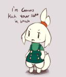  absurd_res accessory anthro bow_ribbon bunneehood cave_story chie clothed clothing dialogue english_text female fur green_clothing grey_background hair_accessory hair_bow hair_ribbon hi_res lagomorph mammal mimiga profanity ribbons simple_background solo standing text threatening white_body white_fur 