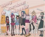  6+girls :d :o ahoge akamatsu_kaede alternate_headwear antenna_hair backpack bag birthday black_choker black_dress black_skirt blonde_hair blue_eyes blue_hair blunt_bangs boots breasts brown_hair brown_pantyhose cake chabashira_tenko chair choker classroom closed_eyes confetti danganronpa_(series) danganronpa_v3:_killing_harmony dated dress food gem_hair_ornament gift glasses goggles goggles_on_head grey_hair hair_ornament hair_over_one_eye hair_scrunchie happy happy_birthday harukawa_maki hat high_heel_boots high_heels holding holding_clothes holding_gift indoors iruma_miu jacket knee_boots kneehighs layered_skirt long_hair low_twintails maid maid_headdress medium_breasts medium_hair miniskirt multiple_girls neck_ribbon open_mouth orange_jacket pantyhose party_hat pink_shirt red_eyes red_hair red_scrunchie red_skirt red_thighhighs ribbon sailor_collar school_uniform scrunchie shirogane_tsumugi shirt shoes short_hair sitting skirt smile socks thighhighs tojo_kirumi twintails white_socks window xiao_(grsnss25) yonaga_angie yumeno_himiko 