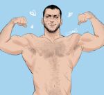  1boy armpits bara beard black_hair blue_background character_request chest_hair copyright_request esaart facial_hair flexing hairy heart heart_print linea_alba male_focus muscular muscular_male navel pectorals short_hair simple_background smile solo teeth 