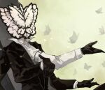  115_koubunshi 1boy animal_head black_gloves black_jacket bug butterfly collared_shirt extra_arms funeral_of_the_dead_butterflies gloves highres jacket lobotomy_corporation long_sleeves project_moon shirt solo suit upper_body white_background white_shirt 